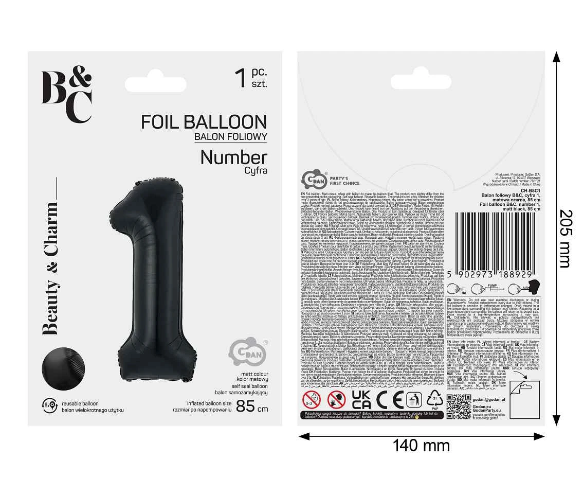 Foil balloon B&C, number 1, matt black, 85 cm